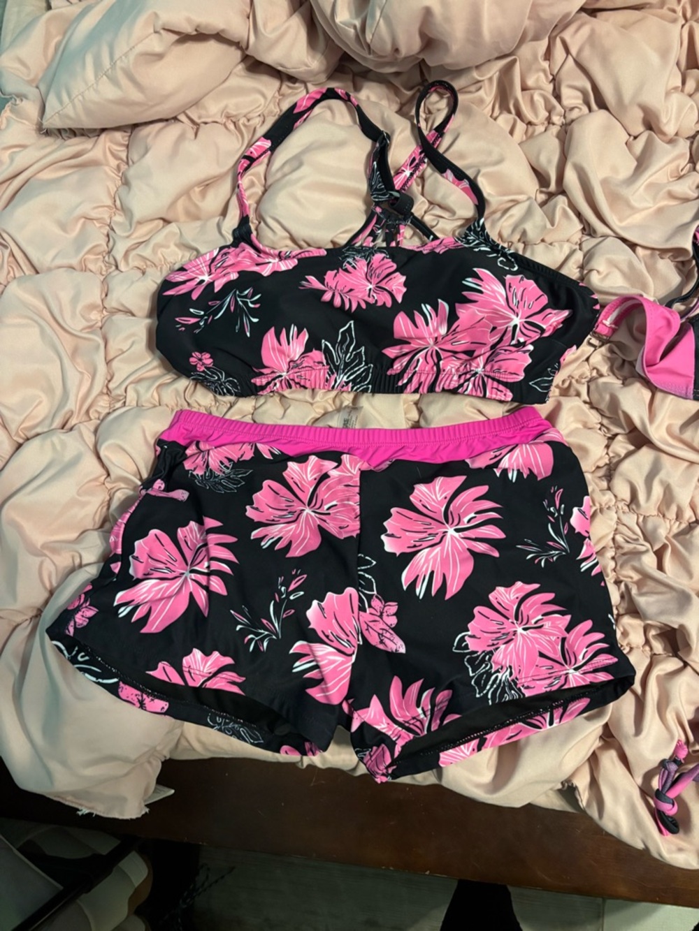 Black & Pink Floral Women’s Bikini Top and Shorts Set